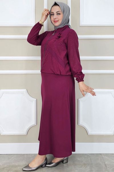 PYS KADIN TAŞ DETAYLI SİMLİ TESETTÜR TAKIM BORDO - 2 BEDEN