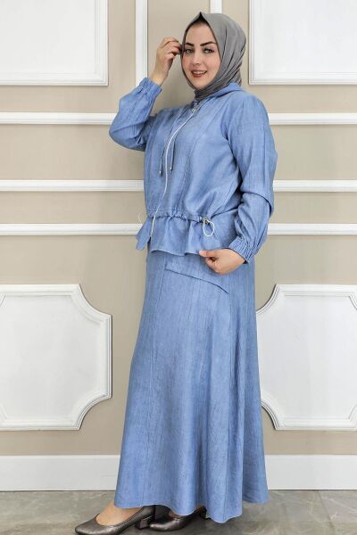 KADIN KAPÜŞONLU ETEKLİ TESETTÜR TAKIM MAVİ - 4 BEDEN