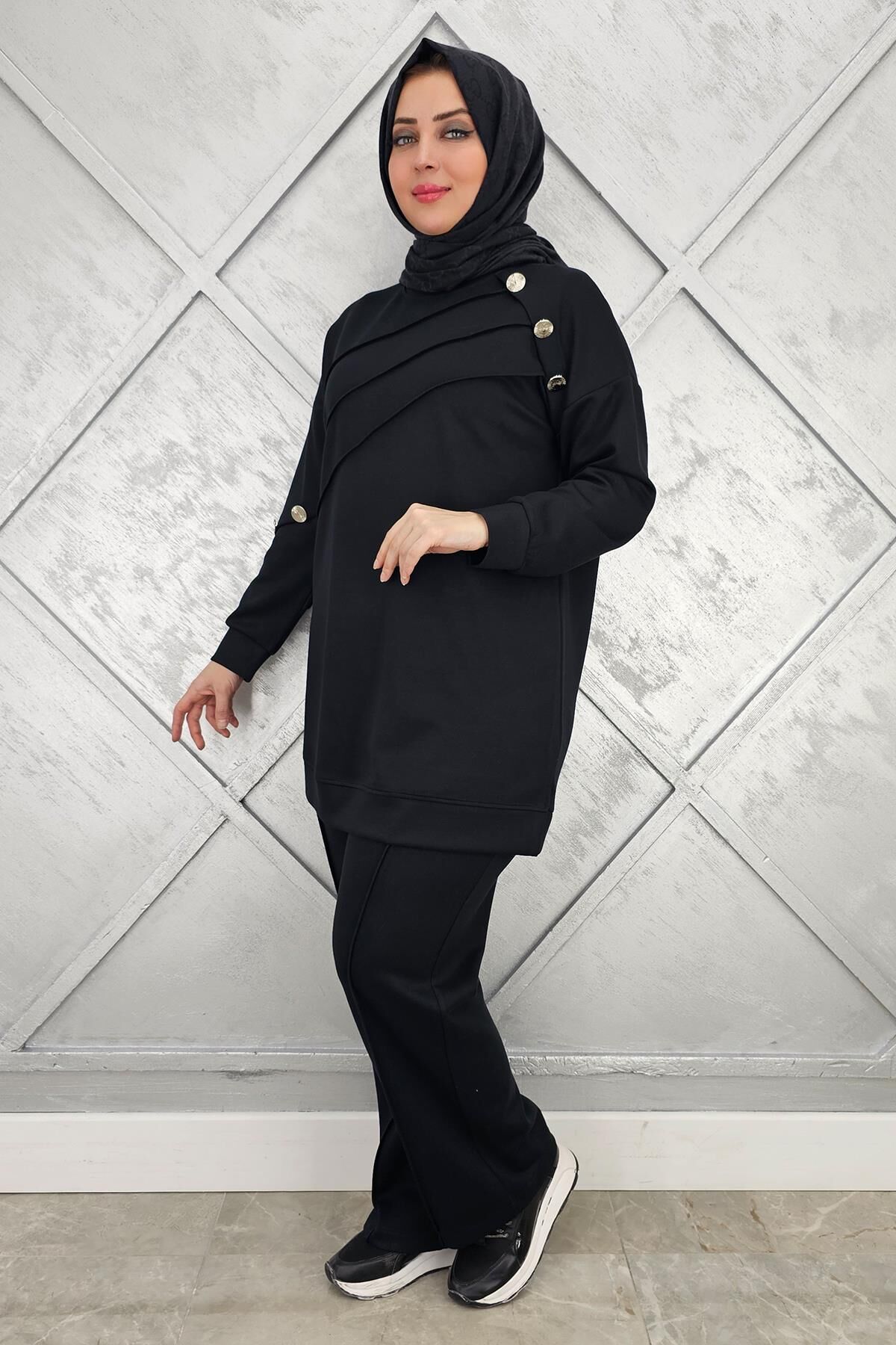 KADIN NERVÜR DİKİM DÜĞME DETAYLI TESETTÜR TAKIM SİYAH - 2 BEDEN