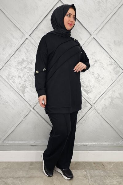 KADIN NERVÜR DİKİM DÜĞME DETAYLI TESETTÜR TAKIM SİYAH - 2 BEDEN