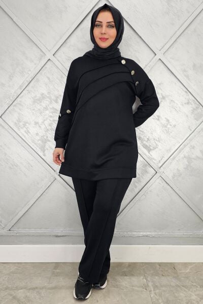 KADIN NERVÜR DİKİM DÜĞME DETAYLI TESETTÜR TAKIM SİYAH - 2 BEDEN