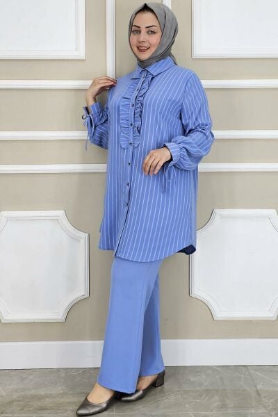 PYS KADIN ÇİGİLİ FIRFIRLI GÖMLEK PANTOLON TESETTÜR TAKIM MAVİ - 3 BEDEN