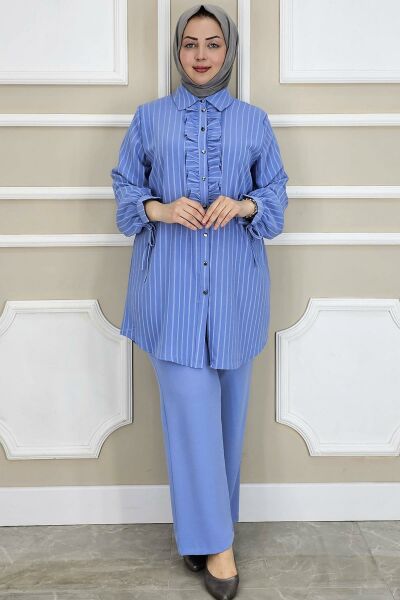 PYS KADIN ÇİGİLİ FIRFIRLI GÖMLEK PANTOLON TESETTÜR TAKIM MAVİ - 3 BEDEN