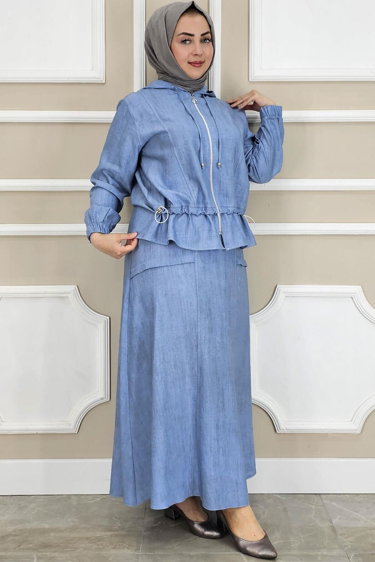 KADIN KAPÜŞONLU ETEKLİ TESETTÜR TAKIM MAVİ - 5 BEDEN