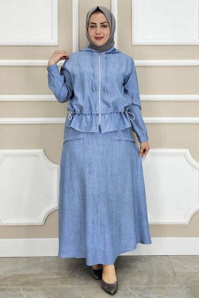 KADIN KAPÜŞONLU ETEKLİ TESETTÜR TAKIM MAVİ - 5 BEDEN