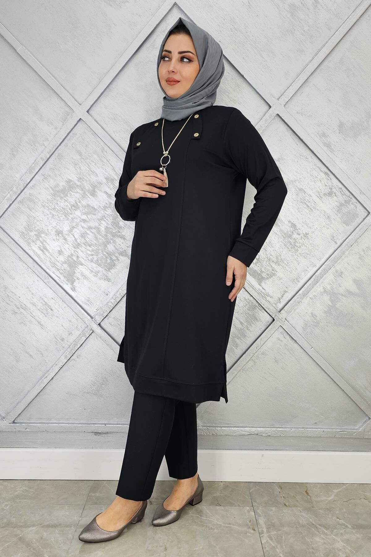 KADIN KOLYE VE DÜĞME DETAYLI TESETTÜR TUNİK SİYAH - 2 BEDEN