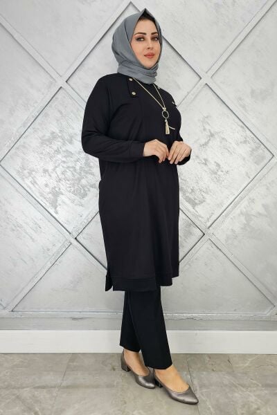 KADIN KOLYE VE DÜĞME DETAYLI TESETTÜR TUNİK SİYAH - 2 BEDEN