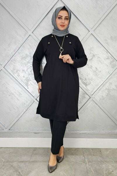 KADIN KOLYE VE DÜĞME DETAYLI TESETTÜR TUNİK SİYAH - 2 BEDEN